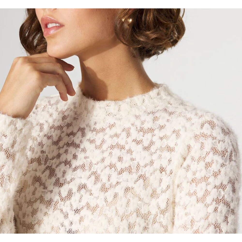 White House Black Market Textured Lace Mockneck Top Large Ivory Sheer Romantic - Picture 3 of 10